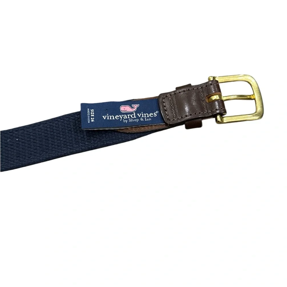 Vineyard Vines Boys' Classic Whale Blue Canvas Club Belt Size 26 Brown Leather